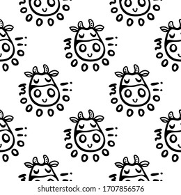 Vector smiling cow pattern with MOO lettering. Seamless design in line doodle style, black monochrome outline for textile prints, wrapping paper, milk packages etc.