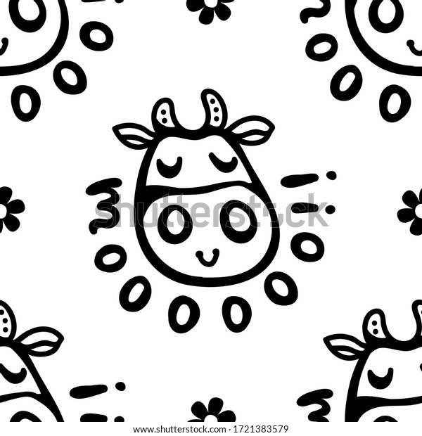Vector smiling cow pattern with\
MOO lettering. Seamless design in line doodle style, black\
monochrome outline for textile prints, wrapping paper, milk\
packages etc.