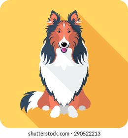 Vector smiling dog Rough collie red and black sitting icon flat design 