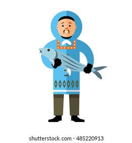 Vector smiling Eskimo with fish. Flat style colorful Cartoon illustration.