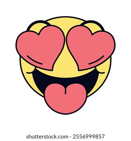 Vector Smiling Face Heart Eyes Emoji Cartoon Groovy Illustration Isolated