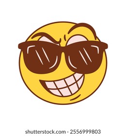 Vector Smiling Face Sunglasses Emoji Cartoon Groovy Illustration Isolated
