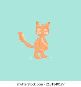 Vector smiling fox with shut eyes located on blue background on spring day. Isolated simple little fox with a green flower.