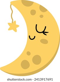 Vector smiling half-moon icon with closed eyes. Fairytale themed sleeping moon with star. Cute magic design element. Space icon
