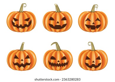 Vector Smiling Halloween pumpkin Isolated on white background realistic style pumpkin illustrations with different face expressions Happy Halloween Trick or Treat Set of scary and creepy pumpkins