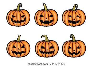 Vector Smiling Halloween pumpkin Isolated on white background realistic style pumpkin illustrations with different face expressions Happy Halloween Trick or Treat Set of scary and creepy pumpkins