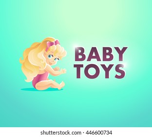 Vector smiling happy little girl portrait isolated. Baby store, girls shop insignia, logo. Children illustration. Little lady goods market logo. Blonde long haired girl. Kid toys store symbol.