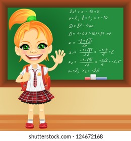 vector smiling happy red-haired girl in a school uniform with a school backpack near blackboard