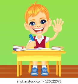 vector Smiling happy schoolboy in a school uniform sitting at a school desk