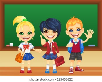Vector smiling happy schoolchildren girls and boy in a school uniform with a school backpack near blackboard