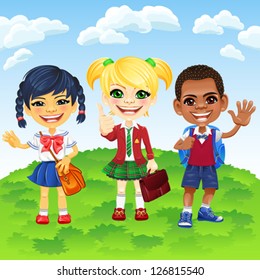 vector Smiling happy schoolchildren girls and boy of different nationalities in a school uniform with a school backpack