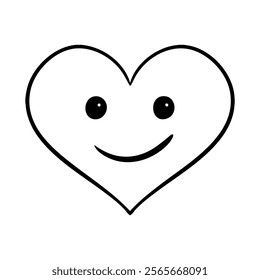 Vector smiling heart with eyes and mouth in line art style. Graphic monochrome drawing. Hand drawn heart outline sketch, ink illustration. Design element Valentines day.