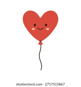 Vector smiling heart shaped balloon with face, red color. Cute festive clipart for Valentines Day, greeting card, party, decoration, childrens holiday or romantic design in flat style.