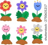 Vector smiling kawaii flowers set. Garden blooming plant on ground collection. Cute park florals clipart pack. Growing greenery with leaves isolated on white background. Flat spring illustration

