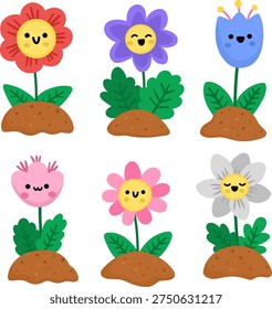 Conjunto flores kawaii sonrientes