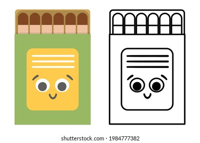 Vector smiling kawaii match box colored and black and white illustration. Burning stick icon. Flat style matchstick pack picture. Cute coloring page
