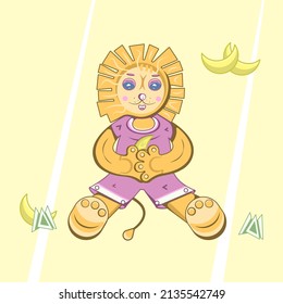 Vector smiling lion sitting with a banana in paws and framed by grass and some bananas. Happy colorful lion cube holding a banana in hands on sunny day.