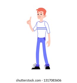 Vector smiling male character pointing out with index finger coming up with an exiting idea. Young man with eureca moment. Concept of creativity, brainstorming and imagination