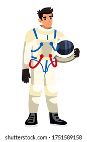 Vector smiling man astronaut character wearing spacesuit holding helmet standing isolated on white background. Cosmonaut ready to astronomy mission, galaxy discovery and space exploration