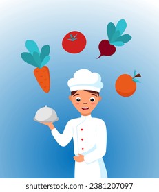 Vector smiling man cook shef with different vegetables. Cartoon conceptual illustration with food ingridients and boy character. Restaurant or cafe cooking banner design.