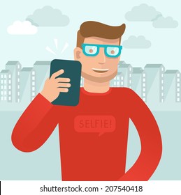 Vector smiling man - flat character taking selfie by mobile phone - new technology concept