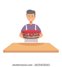 Vetor de um homem sorridente oferecendo um delicioso bolo de chocolate colocado em uma mesa de madeira
