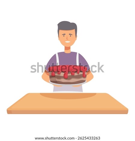 Vector of a smiling man offering a delicious chocolate cake placed on a wooden table