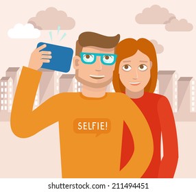 Vector smiling man and woman - flat characters taking selfie by mobile phone - new technology concept