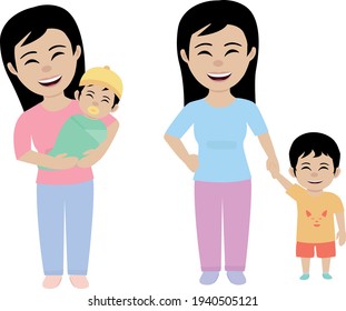 Vector of a smiling mother with her newborn and grown son.