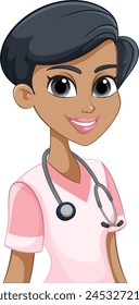 Vector of a smiling nurse in pink scrubs