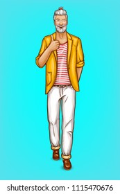 Vector smiling old man, happy gray-haired hipster in trendy jacket, white trousers shows thumb up. Cartoon character isolated on blue background.Concept for ad poster, banner of sales, fashion clothes