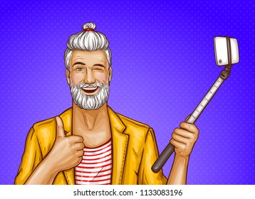 Vector smiling old man with selfiestick, happy gray-haired hipster in trendy jacket shows thumb up and makes photo by smartphone. Cartoon character isolated on purple dotted background.