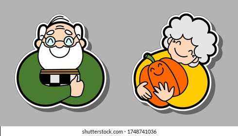 Vector of smiling old people. Grandfather is a chess player. Grandmother gardener hugs a pumpkin. Old woman and old man, elderly. For avatar, icon, sticker, poster, fabric, textile.