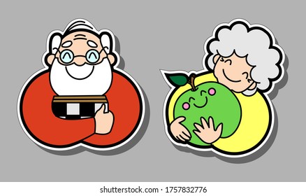 Vector of smiling old people. Grandfather is a chess player. Grandmother gardener hugs a huge apple. Old woman and old man, elderly. For avatar, icon, sticker, poster, fabric, textile.