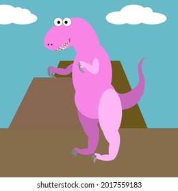 A vector of a smiling pink dinosaur is walking with mountain and sky background.