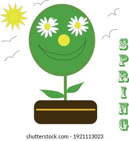 
Vector, smiling plant in pot, with sun and flying birds.
Spring text