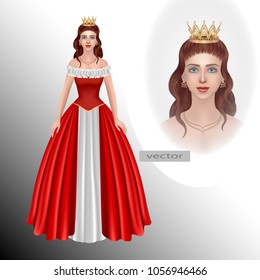 Vector. Smiling Princess girl in red party dress, fairy Queen, witch, fairy, pretty face, eyes and curly dark hair realistic isolated vector illustration. 3D, realistic illustrations.