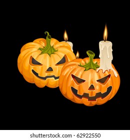 Vector. Smiling pumpkins and burning candles.