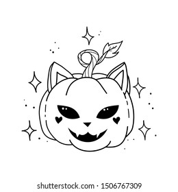 Vector smiling pumpkins cat. magic cat pumpkin. Happy Halloween. cat head and face carved on a pumpkin drawing