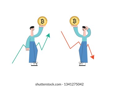 Vector smiling and sad men holding bitcoin golden coin on background of increasing and decreasing trend on graph. Cryptocurrency investment and digital commerce concept. Virtual money illustration.