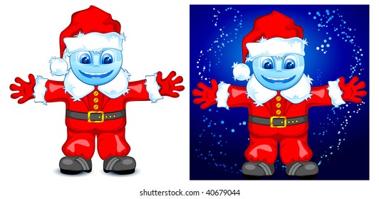 Vector smiling Santa on snowy and white background, illustration