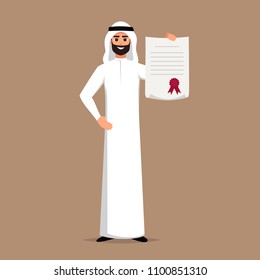 Vector Smiling Saudi businessman with a beard holding a quality certificate. Cartoon Arab man character holding diploma or letter.  Vector illustration isolated from white