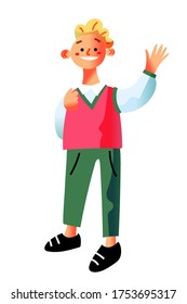 Vektorlächelnder Schüler. Ein kleines glückliches Kind, das einzeln auf weißem Hintergrund steht. Schulkind mit Rucksack-Hand winkend. Fröhliche Schüler der Grundschule. Zurück zur Schule. Grundschulbildung