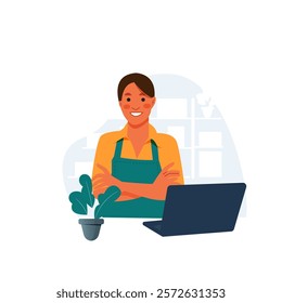 Vector of smiling shopkeeper woman with confidence pose