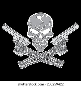 Vector smiling skull with guns for tattoo design on black background