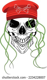 vector smiling skull with moss hair and red bonnet