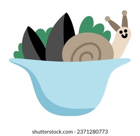 Vector smiling snail and oysters in a plate. French traditional escargot dish illustration isolated on white background
