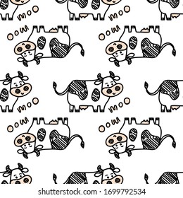 Vector smiling standing cow pattern with Moo lettering. Seamless cute design in sketch doodle or marker style, black outline. For textile prints, wrapping paper, packages etc.