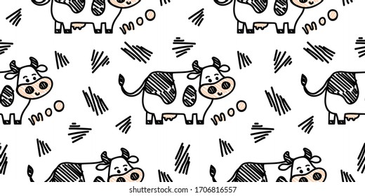 Vector smiling standing cow pattern with Moo lettering. Seamless cute design in sketch doodle or marker style, black outline. For textile prints, wrapping paper, packages etc.