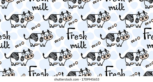 Vector smiling standing cow pattern on a spot background with Fresh milk and Moo lettering. Seamless, sketch doodle or marker style with outline. For textile prints, wrapping paper, milk packages etc.